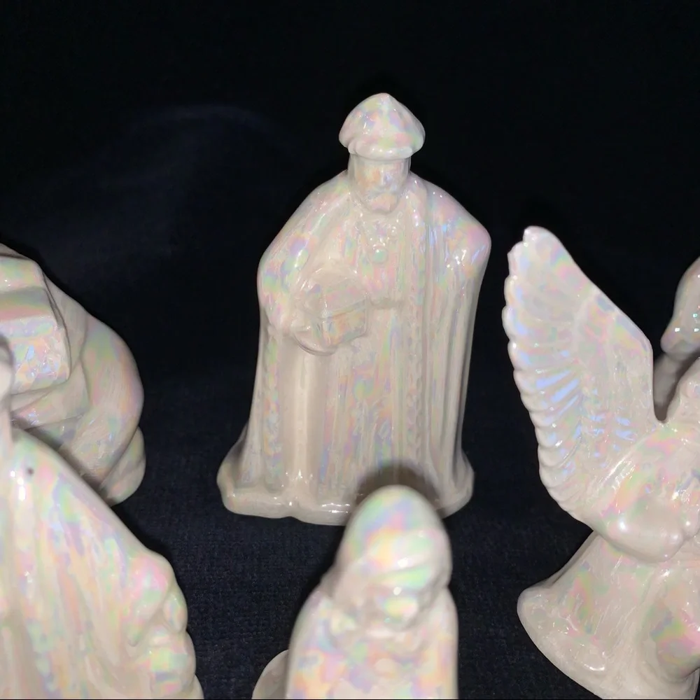 14 Piece Small Ceramic Pearlescent White Nativity Set Scene // Christmas Holiday